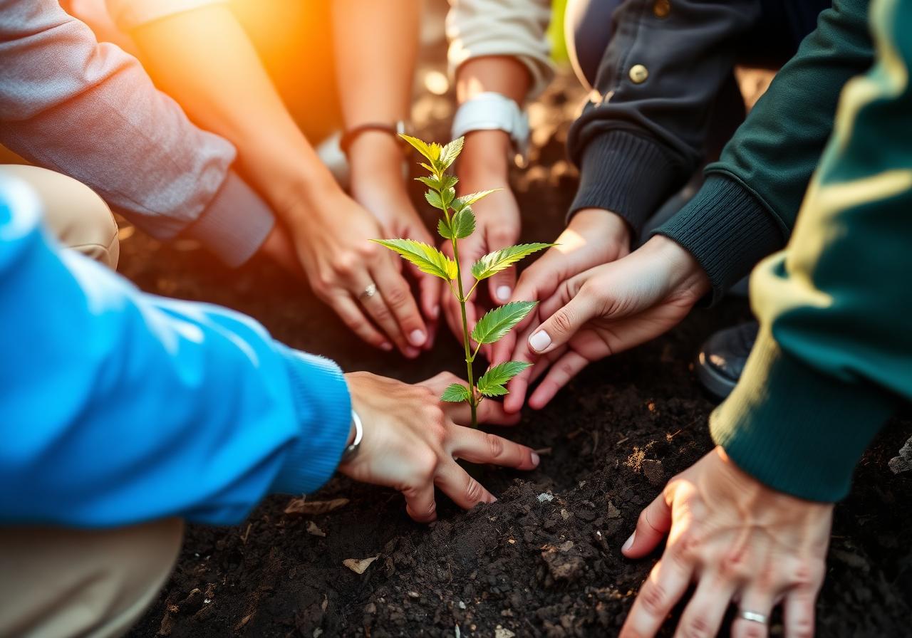 Volunteers planting a sapling together